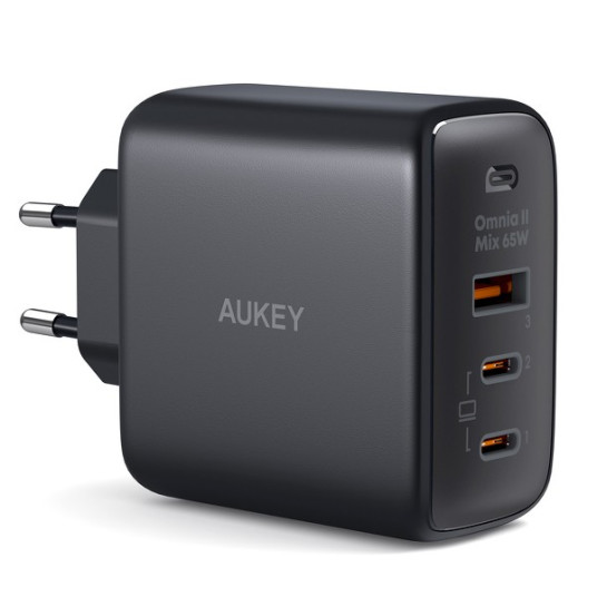 AUKEY PA-B6T Black Omni a II GaN seinälaturi 3xUSB (2xUSB C+ 1xUSB A) 65W QC PD