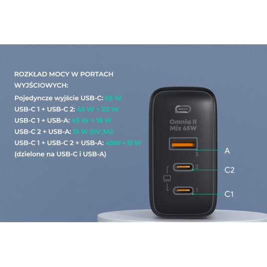 AUKEY PA-B6T Black Omni a II GaN seinälaturi 3xUSB (2xUSB C+ 1xUSB A) 65W QC PD