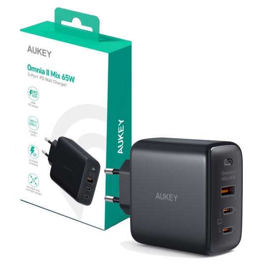 AUKEY PA-B6T Black Omni a II GaN seinälaturi 3xUSB (2xUSB C+ 1xUSB A) 65W QC PD