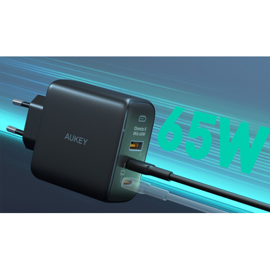 AUKEY PA-B6T Black Omni a II GaN seinälaturi 3xUSB (2xUSB C+ 1xUSB A) 65W QC PD