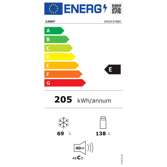 Candy | Jääkaappi | CHCS 514EX | Energiatehokkuusluokka E | Vapaasti seisova | Combi | Korkeus 151 cm | Jääkaapin nettotilavuus 138 L | Pakastimen nettotilavuus 69 L | 40 dB | Ruostumaton teräs | Ruostumaton teräs