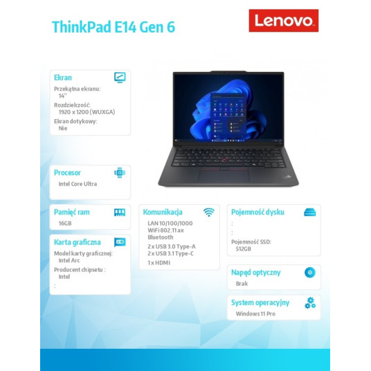 Kannettava tietokone ThinkPad E14 G6 21M7002VPB W11Pro Ultra 7 155H/16GB/512GB/INT/14.0 WUXGA/Graphite Black/1YR Premier Support + 3YR OS + CO2 Offset