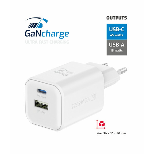 " Swissten Travel Charger GaN USB-C/PD USB-A/18W QC/45W