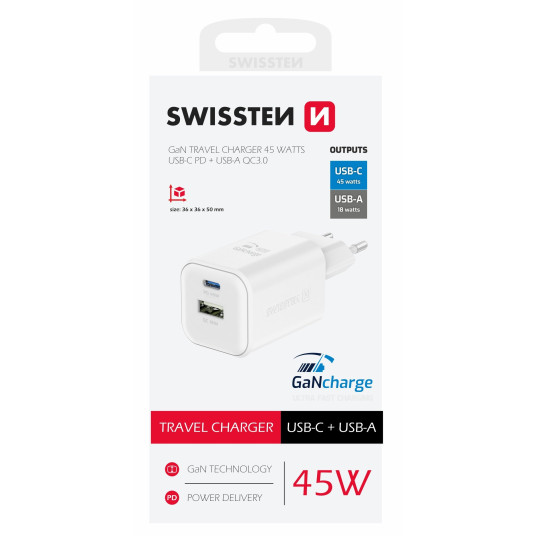 " Swissten Travel Charger GaN USB-C/PD USB-A/18W QC/45W