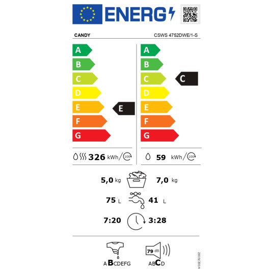Candy CSWS 4752DWE/1-S pesukone kuivausrummulla, E, Etulataus, Syvyys 53 cm, Pesu 7 kg, Kuivaus 5 kg, Valkoinen