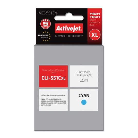 Activejet ACC-551CN muste (Canon CLI-551C korvaava muste; Supreme; 15 ml; sininen)