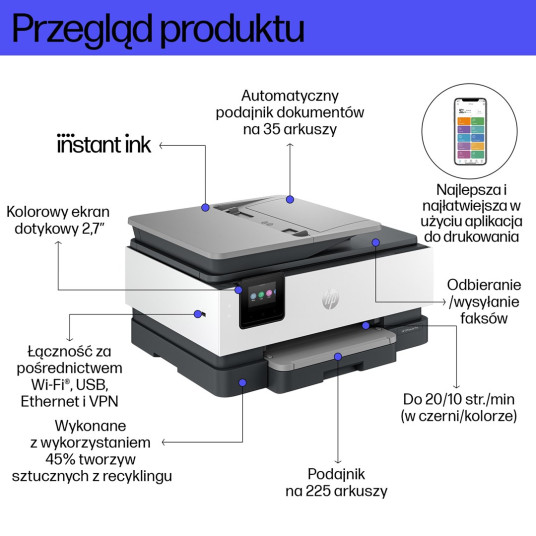 HP OfficeJet Pro HP 8132e monitoimitulostin, värillinen, tulostin kotiin, tulostus, kopiointi, skannaus, faksi, HP Instant Ink -valintakelpoisuus; automaattinen asiakirjansyöttölaite; kosketusnäyttö; hiljainen tila; tulostus VPN:n kautta HP+:n avulla.