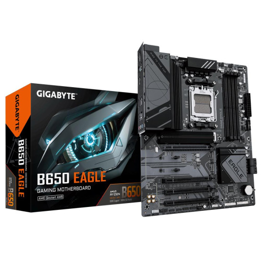 Emolevy|GIGABYTE|AMD B650|SAM5|ATX|Muisti DDR5|Muistipaikat 4|1xPCI-Express 16x|3xPCI-Express 3.0 16x|3xM.2|1xHDMI|1xDisplayPort|1xAudio-In|1xAudio-Out|1xMikrofoni|6xUSB 2.0|2xUSB 3.2|1xUSB-C|1xPS/2|1xRJ45|B650EAGLE