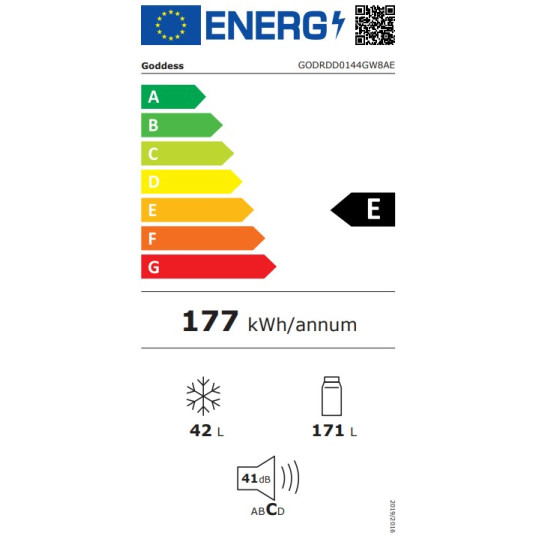 Jääkaappi | GODRDD0144GW8AE | Energiatehokkuusluokka E | Vapaasti seisova | Kaksiovinen | Korkeus 145 cm | Jääkaapin nettotilavuus 171 L | Pakastimen nettotilavuus 42 L | 41 dB | Valkoinen | Valkoinen