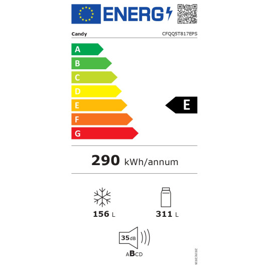 Jääkaappi | CFQQ5T817EPS | Energiatehokkuusluokka E | Vapaasti seisova | Vierekkäin | Korkeus 181,5 cm | No Frost -järjestelmä | Jääkaapin nettotilavuus 311 L | Pakastimen nettotilavuus 156 L | Näyttö | 35 dB | Hopea | Silver