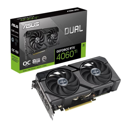 Näytönohjain|US|NVIDIA GeForce RTX 4060 Ti|8 GB|GDDR6|128 bittiä|PCIE 4.0 16x|GPU 2565 MHz|Kaksoiskorttipaikkainen tuuletinpesä|1xHDMI|3xDisplayPort|DUAL-RTX4060TI-O8G-EVO