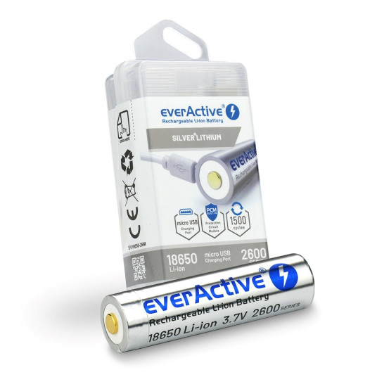 Akku everActive 18650 3,7 V Li-ion 2600 mAh micro USB suojakotelolla