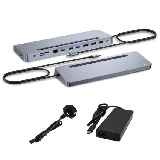 i-tec USB-C Metal Ergonomic 4K 3x Näyttö 2x DP 1x HDMI LAN Audio Virtalähde 100 W + i-tec Yleislaturi 100 W - Telakointiasema