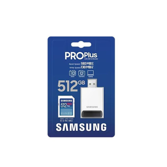 Samsung PRO Plus SDXC 512GB UHS-I U3 [Zapis 130MB/s Odczyt 180MB/s] v2023 z czytnikiem