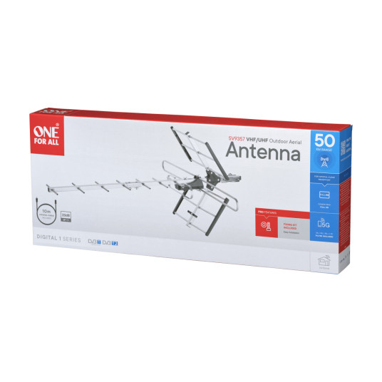 One For All SV9357-5G UHF/VHF -ulkoantenni 10-15 dB vahvistuksella ja LTE-suodattimella