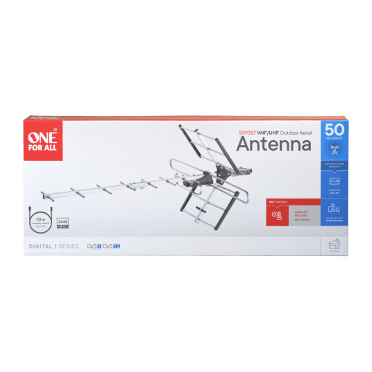 One For All SV9357-5G UHF/VHF -ulkoantenni 10-15 dB vahvistuksella ja LTE-suodattimella