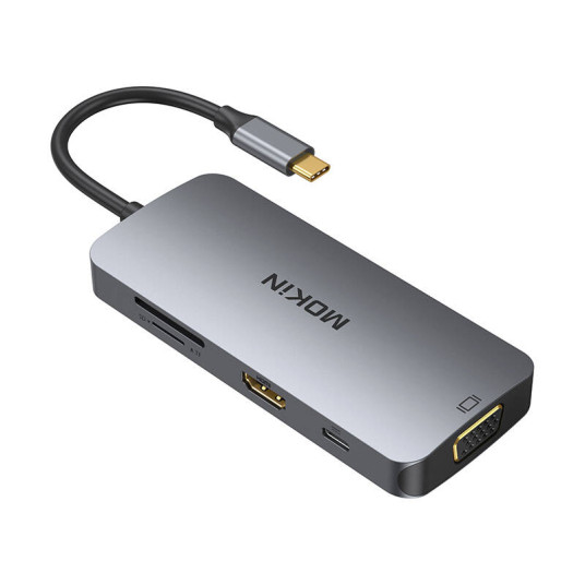 MOKiN 8in1 USB-C-sovitin 3x USB 3.0 + HDMI + USB-C + VGA + SD-kortinlukija + Micro SD-kortinlukija (hopea)