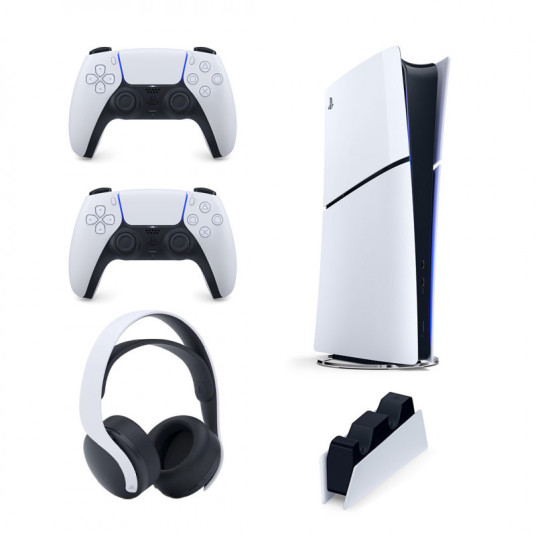 Pelikonsoli Sony Playstation 5 Slim Digital Edition (PS5) 1TB White + lisäohjain Sony DualSense PS5 + Kuulokkeet Sony PS5 „Pulse 3D“ + Latausasema Sony DualSense PS5