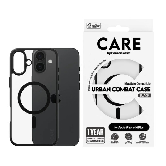 CARE by PanzerGlass Case Flagship Urban Combat | Back protection | Apple | iPhone 16 Plus | Recycled plastic | Transparent/Black | MagSafe