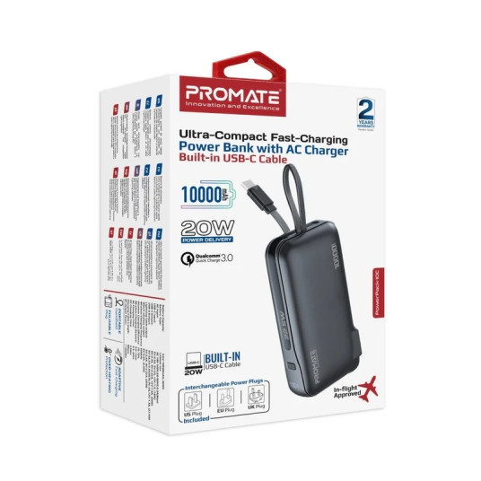 Promate PowerPack-10C Charger Power Bank 22W / 10000mAh / USB-C PD / 220V EU/US/UK