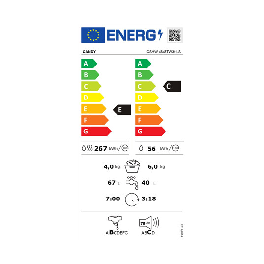 Candy Washing Machine with Dryer | CSHW 4645TW3/1-S | Energy efficiency class C/E | Front loading | Washing capacity 6 kg | 1400 RPM | Depth 45 cm | Width 60 cm | Display | Digit | Drying system | Drying capacity 4 kg | Steam function | White