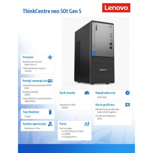 Lenovo ThinkCentre neo 50t G5 TWR i3-14100 8GB DDR5 SSD256 UHD 730 W11Pro Musta 3Y OnSite