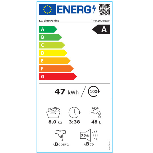 LG Washing Machine | F4X1008NWH | Energy efficiency class A | Front loading | Washing capacity 8 kg | 1400 RPM | Depth 56 cm | Width 60 cm | Display | LCD | Steam function | Direct drive | Wi-Fi | White