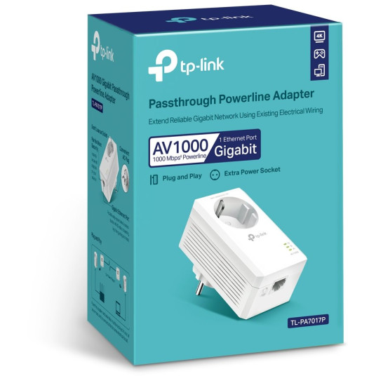 TP-LINK AV1000 Gigabit Passthrough Powerline-sovitin TL-PA7017P 1000 Mbit/s, Ethernet LAN (RJ-45) portit 1, Ei Wi-Fi-yhteyttä, Lisäpistorasiaa