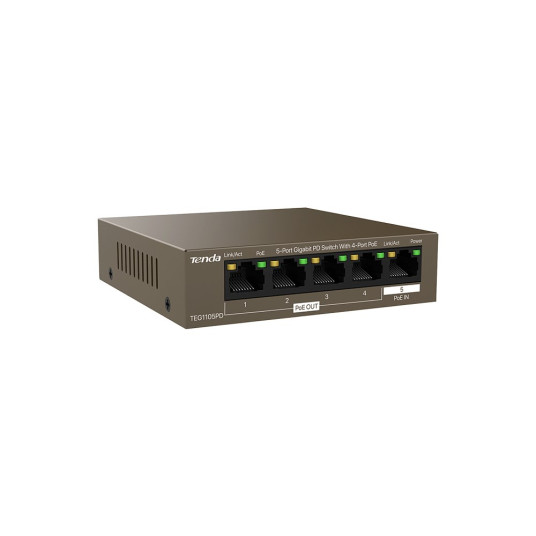 Tenda TEG1105PD Gigabit Ethernet (10/100/1000) Power over Ethernet (PoE) -kytkin Ruskea