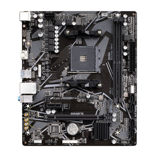 Gigabyte A520M K 1.0 M/B Prosessoriperhe AMD, Prosessorikanta AM4, DDR4 DIMM, Muistipaikat 2, Tuetut kiintolevyliitännät SATA, M.2, SATA-liittimien määrä 4, Piirisarja AMD A520, Micro ATX
