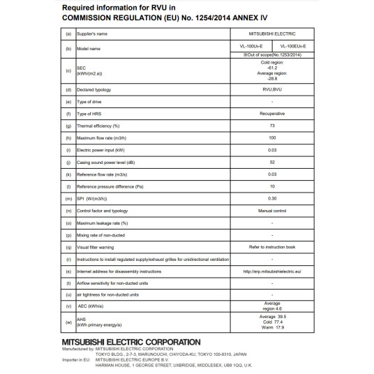 Rekuperaattori Mitsubishi Electric VL-100EU5-E 105m3/h VL-100EU5-E