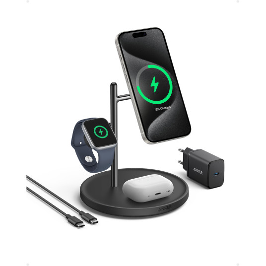 Anker MagGo magneettinen langaton laturi (Qi 2.0, 15W), 3-in-1 jalusta, musta | Anker