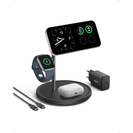Anker MagGo magneettinen langaton laturi (Qi 2.0, 15W), 3-in-1 jalusta, musta | Anker