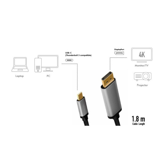 USB-C–DP-kaapeli, 4K 60 Hz, alumiini, 1,8 m