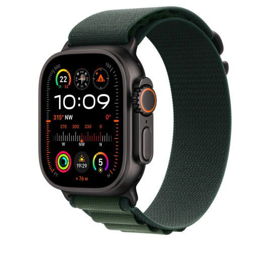 Apple Watch 49 mm tummanvihreä Alpine-ranneke, keskikokoinen, mustatitaani