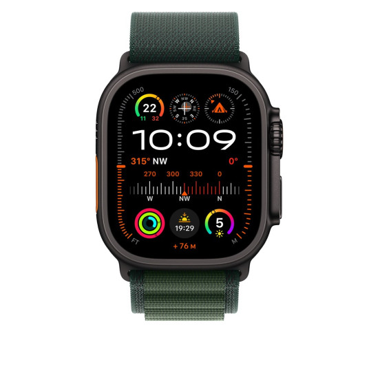 Apple Watch 49 mm tummanvihreä Alpine-ranneke, keskikokoinen, mustatitaani