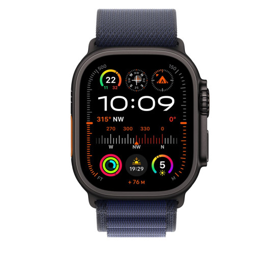 Apple Watch 49 mm laivastonsininen Alpine-ranneke, suuri, mustatitaani