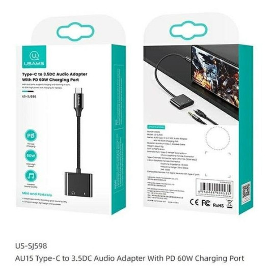 Usams AU15 USB-C - jack 3.5m DAC + USB-C PD-sovitin 60W