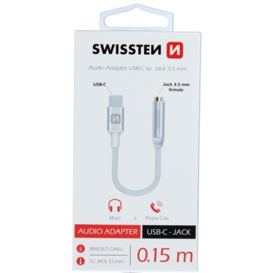 Swissten USB-C to Jack 3,5 mm äänisovitin puhelimille 15 cm hopea