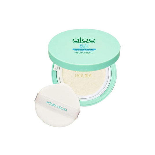 " Holika Holika Aloe Soothing Essence Mild Sun Cushion SPF 50+ - Aurinkosuojavoide kasvoille sienessä, 25,0 g