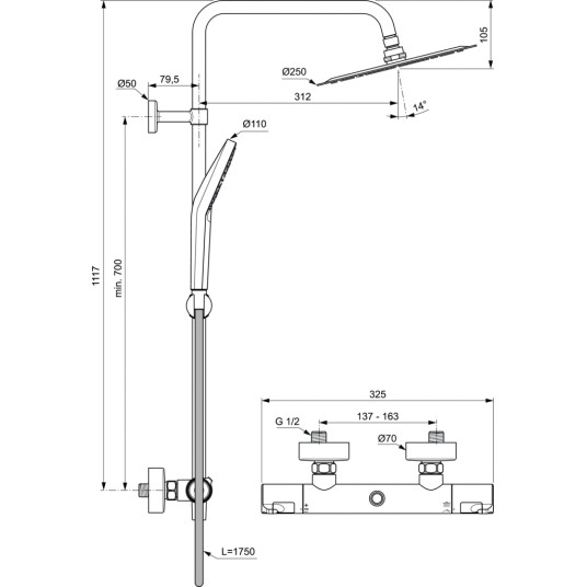Ideal Standard Ceratherm T50 kiinteä suihkujärjestelmä, jossa Ø250 pää ja käsisuihku, kromi