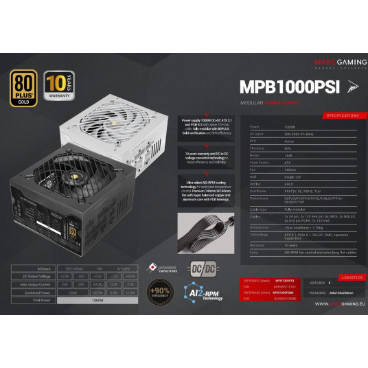 Mars Gaming MPB1000PSIW Fully Modular Power Supply 1000W ATX 3.1 / PCIe 5.1 / 140mm