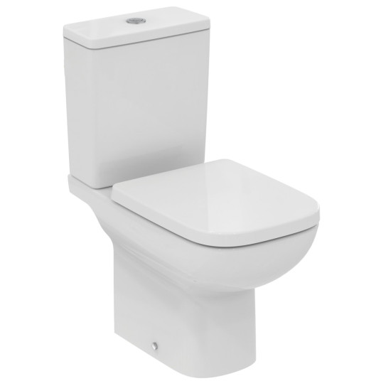 Ideal Standard, i.life A RimsLS+ seinään asennettava WC, jossa on vesisäiliö ja hitaasti vedettävä kansi.