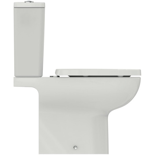 Ideal Standard, i.life A RimsLS+ seinään asennettava WC, jossa on vesisäiliö ja hitaasti vedettävä kansi.