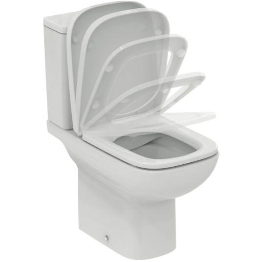 Ideal Standard, i.life A RimsLS+ seinään asennettava WC, jossa on vesisäiliö ja hitaasti vedettävä kansi.