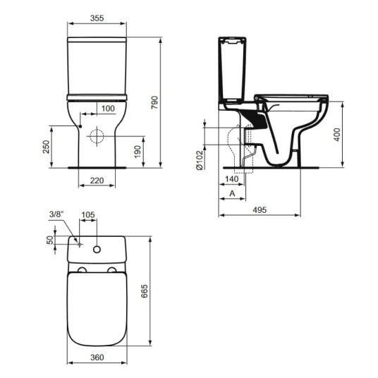 Ideal Standard, i.life A RimsLS+ seinään asennettava WC, jossa on vesisäiliö ja hitaasti vedettävä kansi.