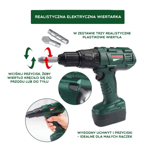 WOOPIE Suuri lasten työkalupakki DIY ruuvimeisseli- ja porasarja 15 kpl.