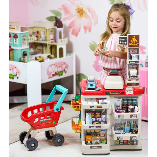 WOOPIE Supermarketin ostoskärry Vaaka Kassakone Skanneri + 48 kampanjaa