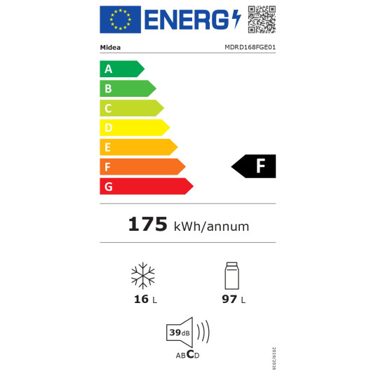 Midea Jääkaappi | MDRD168FGE01 | Energiatehokkuusluokka F | Vapaasti seisova | Säilytystila | Korkeus 84,5 cm | Jääkaapin nettotilavuus 97 L | Pakastimen nettotilavuus 16 L | 39 dB | Valkoinen | Valkoinen